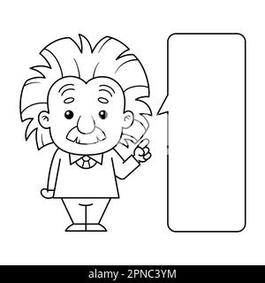 Albert Einstein Cartoon-Figur In Schwarz Und Weiß Mit Beschriftung Stock Vektor