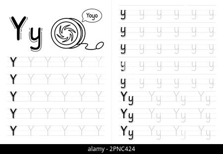 Innenausstattung mit ABC-Buchstaben und Pünktchenbuch für Kinder. Kinder Schreiben Arbeitsblatt Mit Bild. Premium Vektorelemente Buchstabe Y Stock Vektor