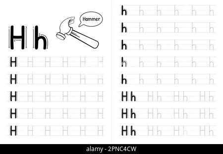 Innenausstattung mit ABC-Buchstaben und Pünktchenbuch für Kinder. Kinder Schreiben Arbeitsblatt Mit Bild. Premium Vector Elements Buchstabe H. Stock Vektor