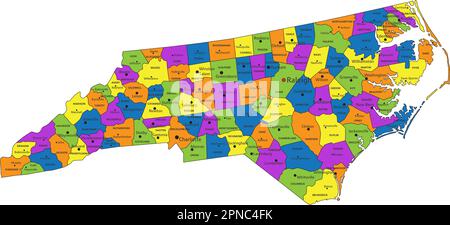 Farbenfrohe politische Karte von North Carolina mit klar gekennzeichneten, getrennten Schichten. Vektordarstellung. Stock Vektor