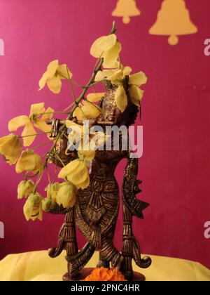 Messingidol von Lord Krishna dekoriert mit Marigold und Amaltas/Goldene Duschblumen/Vishu/Vishu Kani/Kerala Stockfoto