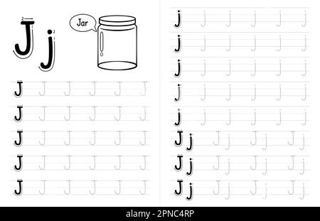 Innenausstattung mit ABC-Buchstaben und Pünktchenbuch für Kinder. Kinder Schreiben Arbeitsblatt Mit Bild. Premium Vector Elements Buchstabe J. Stock Vektor