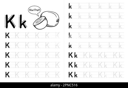 Innenausstattung mit ABC-Buchstaben und Pünktchenbuch für Kinder. Kinder Schreiben Arbeitsblatt Mit Bild. Premium Vector Elements Buchstabe K. Stock Vektor