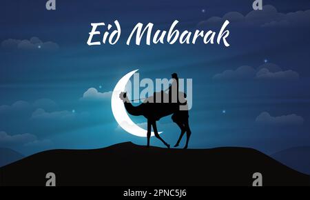 Kreative Vektorkunst von Eid Mubarak zeigt die Schönheit der Nacht in der Wüste. Perfektes Design für islamische Hintergrundbilder, Liedminiaturen, Cover, Banner Stock Vektor