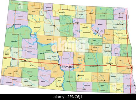 North Dakota - sehr detaillierte, bearbeitbare politische Karte mit Beschriftung. Stock Vektor