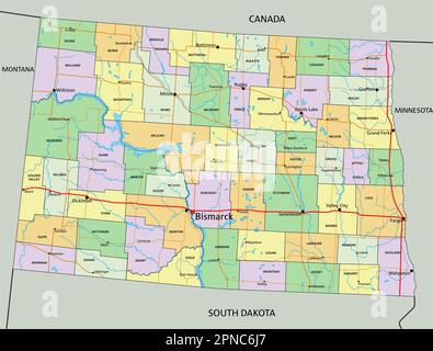 North Dakota - sehr detaillierte, bearbeitbare politische Karte mit Beschriftung. Stock Vektor