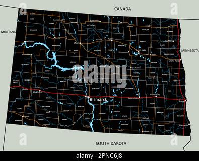 Detaillierte Straßenkarte von North Dakota mit Kennzeichnung. Stock Vektor