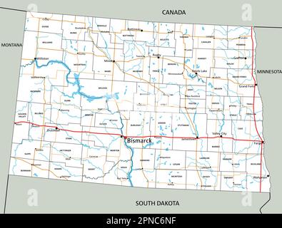 Detaillierte Straßenkarte von North Dakota mit Kennzeichnung. Stock Vektor