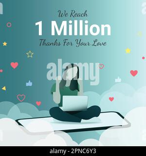 Illustration eines aufgeregten Mädchens, das auf einem Smartphone mit einem Laptop sitzt und den Erfolg von 1m Followern, Abonnenten in ihren Kanälen, feiert, Seite Stock Vektor