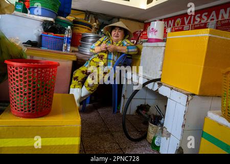 Binh Tay Market ist ein überdachter Markt mit Verkaufsständen, die Haushaltswaren, Produkte und lokale Gerichte wie Pho und Frühlingsrollen verkaufen. Stockfoto