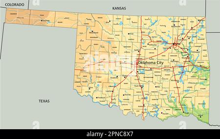 Hochdetaillierte physische Karte von Oklahoma mit Beschriftung. Stock Vektor