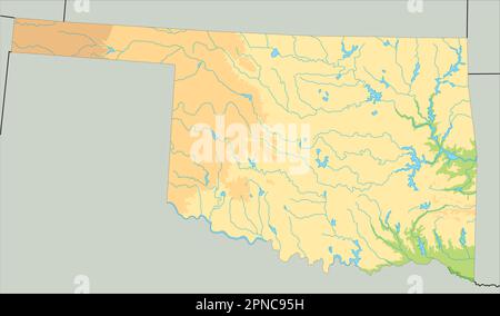 Detaillierte physische Karte von Oklahoma. Stock Vektor
