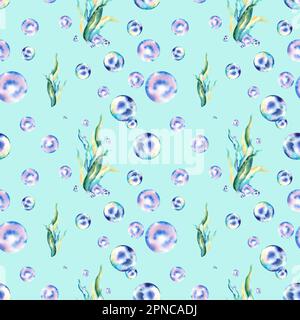 Ein Muster aus Algen und Blasen. Aquarelldarstellung. Collage. Bewohner des Meeres Stockfoto