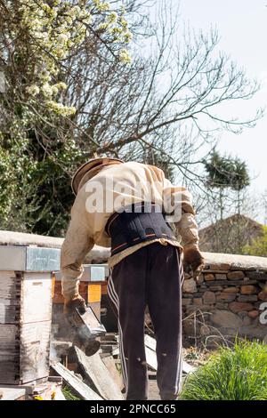 Bienenzucht-Raucher. Der Imker zündet ihn mit verschiedenen Brennstoffen an und gibt den Rauch in den Bienenstöcken aus Stockfoto