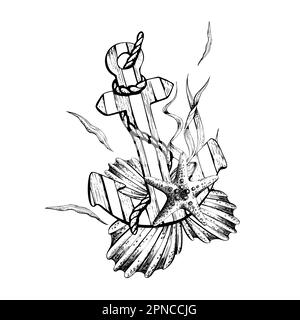 Holzanker gestreift mit Seil, Muscheln und Algen. Darstellung handgezeichneter Grafiken, Vektor im EPS-Format. Zusammensetzung auf weiß isoliert Stock Vektor