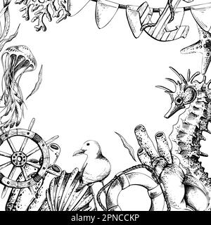 Meerestiere mit Seepferdchen, Ruder und Rettungsring. Darstellung handgezeichneter Grafiken, Vektor im EPS-Format. Schablone, Rahmen auf weißem Hintergrund. Stock Vektor