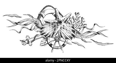Meerestiere mit Anker, Ruder und Rettungsring. Darstellung handgezeichneter Grafiken, Vektor im EPS-Format. Zusammensetzung auf weißem Hintergrund isoliert. Stock Vektor