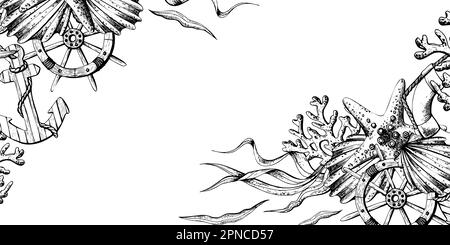 Meerestiere mit Anker, Ruder und Rettungsring. Darstellung handgezeichneter Grafiken, Vektor im EPS-Format. Schablone, Rahmen auf weißem Hintergrund. Stock Vektor