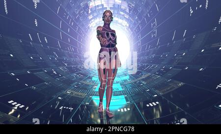 Roboterfrau in einem Tunnel voller technologischer Paneele Stockfoto