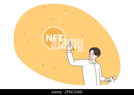 Mann Künstler mit Pinsel Schmerz NFT Symbol Verkauf Kryptowährung an der Börse. Männliche Anleger handeln Krypto über das Internet, das an nicht-fungiblen Token-Geboten beteiligt ist. Flache Vektorgrafik. Stock Vektor