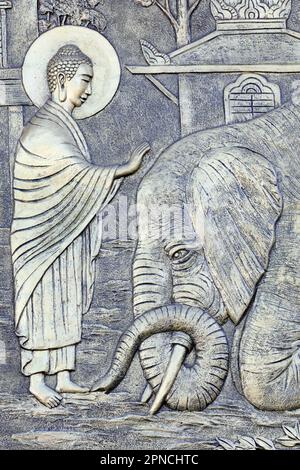 Tinh Xa Ngoc Chau Pagode. Das Leben Buddhas, Siddhartha Gautama. Einen Elefanten mit liebevoller Güte zähmen - Nalagiri war der Königliche Elefant. Chau Doc. Vi Stockfoto