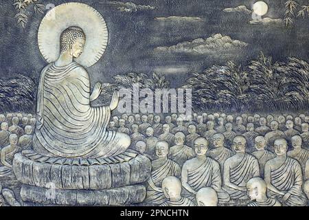 Tinh Xa Ngoc Chau Pagode. Das Leben Buddhas, Siddhartha Gautama. Der Buddha ermahnte seine ersten sechzig Arahant-Jünger, in eine andere Richtung zu gehen Stockfoto