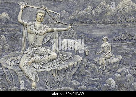 Tinh Xa Ngoc Chau Pagode. Das Leben Buddhas, Siddhartha Gautama. Prinz Siddhartha Schnitt sich die Haare ab, um dem weltlichen Leben an der Bank der Anom zu entsagen Stockfoto