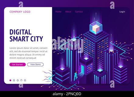 Isometrische Landing-Page für digitale intelligente Städte. Ein Geschäftsmann geht nach oben, um die Tür in einem neonleuchtenden, intelligenten Gebäude mit Mikroschaltkreisen zu öffnen. 3D-Vektordarstellung für IoT-Technologie, Webbanner Stock Vektor