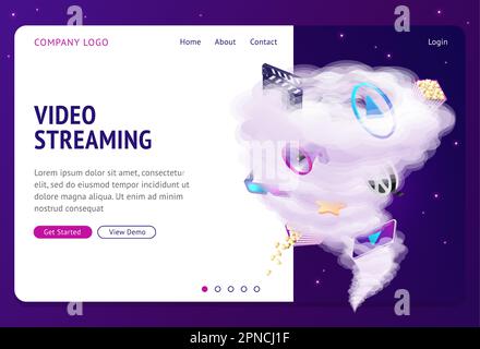 Isometrische Landing-Page für Video-Streaming, Attribute der Film- und Kinobranche, die im riesigen Gewittertrichter am Sternenhimmel bei Nacht fliegen. Internet Film Service 3D Vektordarstellung, Webbanner Stock Vektor