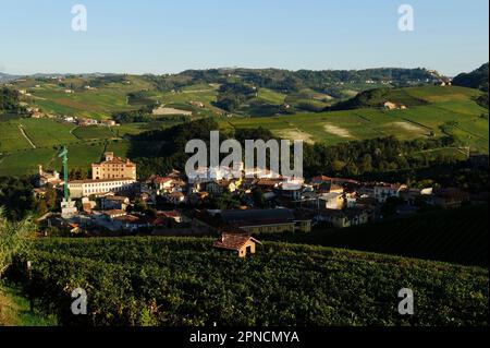 Barolo, rund um die Stadt ein schönes, aber künstlich geschaffenes Land, das durch Weinberge charakterisiert ist, ist Langa, Cuneo, Piemont, Italien, Europa, UNESCO, Weltkulturerbe Stockfoto