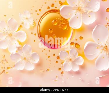 Zusammensetzung von Schönheitsblumen mit blühender Kirschblüte auf rosa abgestuftem Hintergrund mit flüssigem Honig. Orientalischer wunderschöner Blumenhintergrund. Gene Stockfoto