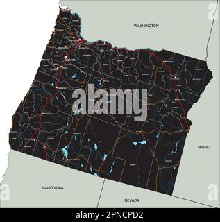Detaillierte Oregon-Straßenkarte mit Beschriftung. Stock Vektor