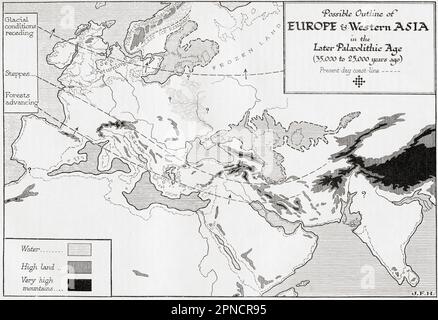Karte, die den möglichen Umriss von Europa und Westasien in der späten Paläolithenzeit zeigt und die rückläufigen Gletscherbedingungen, die Steppen und den Fortschritt der Wälder zeigt. Aus dem Buch Outline of History von H.G. Wells, veröffentlicht 1920. Stockfoto