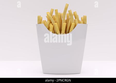 3D-Rendering – hochauflösendes Bild, Feld „Pommes frites“, Vorlage isoliert auf weißem Hintergrund, hohe Qualität Stockfoto