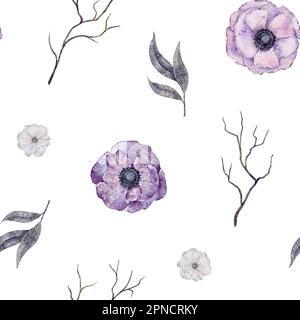 Wasserfarbenes nahtloses Blumenmuster. Violetter Anemone-Blumendruck auf weißem Hintergrund. Stockfoto