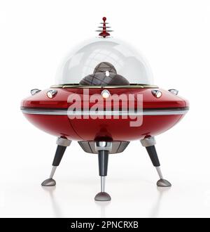 Retro-Cartoon-UFO isoliert auf weißem Hintergrund. 3D Abbildung. Stockfoto