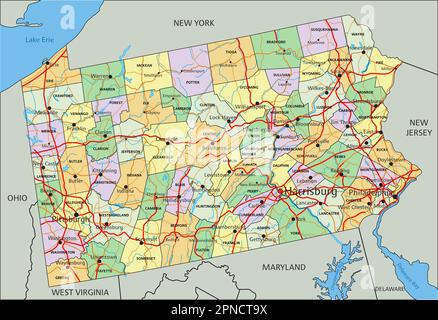 Pennsylvania - sehr detaillierte, bearbeitbare politische Karte mit Beschriftung. Stock Vektor
