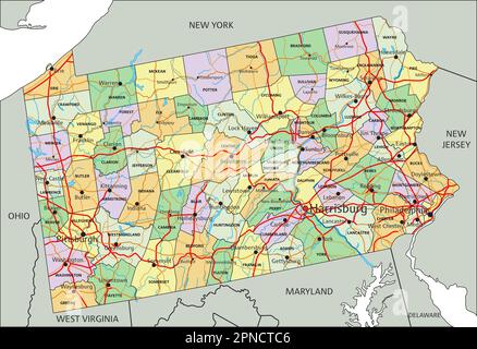 Pennsylvania - sehr detaillierte, bearbeitbare politische Karte mit Beschriftung. Stock Vektor