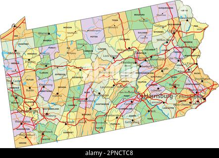 Pennsylvania - sehr detaillierte, bearbeitbare politische Karte mit Beschriftung. Stock Vektor