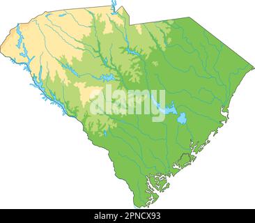 Hochdetaillierte physische Karte von South Carolina. Stock Vektor