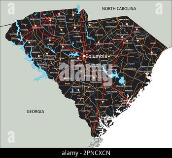 Detaillierte Straßenkarte von South Carolina mit Beschriftung. Stock Vektor