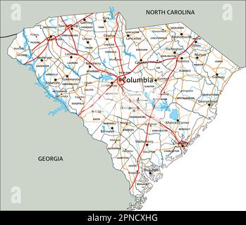 Detaillierte Straßenkarte von South Carolina mit Beschriftung. Stock Vektor