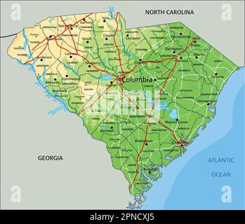 Hochdetaillierte physische Karte von South Carolina mit Beschriftung. Stock Vektor