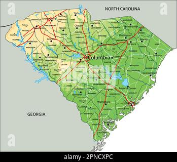 Hochdetaillierte physische Karte von South Carolina mit Beschriftung. Stock Vektor