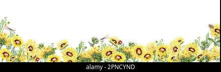 Wasserfarbener, nahtloser horizontaler Hintergrund mit Sonnenblumen. Schmetterlinge im Cartoon-Stil. Handgezeichnete Darstellung des Sommers. Perfekt für Sammelalben, Stockfoto