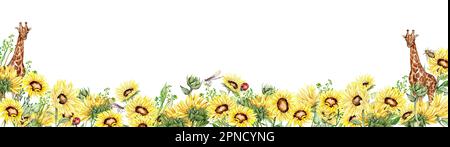 Wasserfarbener, nahtloser horizontaler Hintergrund mit Sonnenblumen. Schmetterlinge im Cartoon-Stil. Handgezeichnete Darstellung des Sommers. Perfekt für Sammelalben, Stockfoto