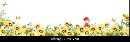 Wasserfarbener, nahtloser horizontaler Hintergrund mit Sonnenblumen. Schmetterlinge im Cartoon-Stil. Handgezeichnete Darstellung des Sommers. Perfekt für Sammelalben, Stockfoto