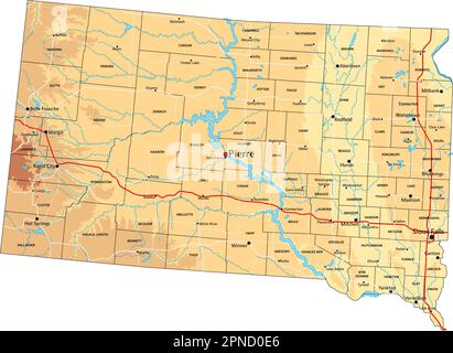 Hochdetaillierte physische Karte von South Dakota mit Beschriftung. Stock Vektor