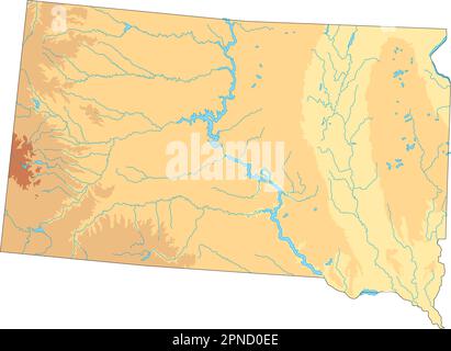 Hochdetaillierte physische Karte von South Dakota mit Beschriftung. Stock Vektor