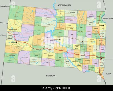 South Dakota - sehr detaillierte, bearbeitbare politische Karte mit Beschriftung. Stock Vektor